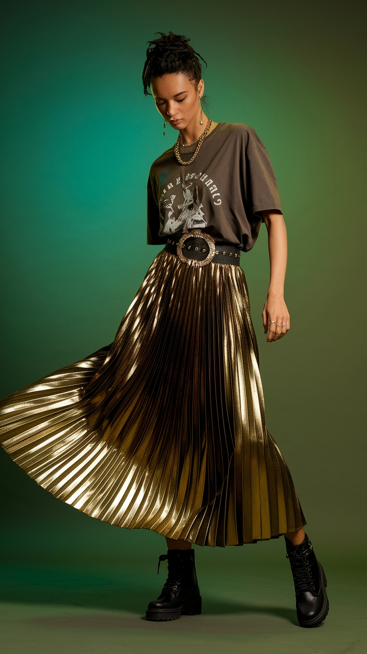 Effortless Elegance in a Metallic Maxi Skirt Outfit outfit idea