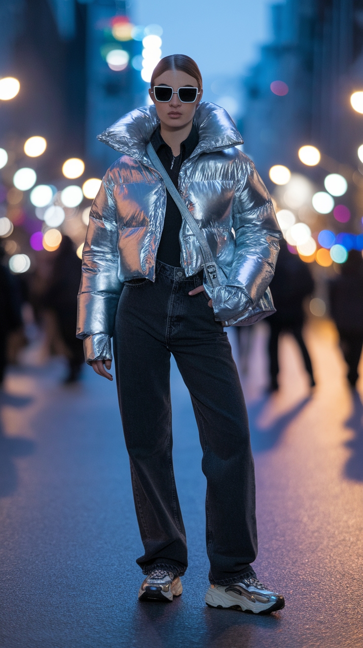 Metallic Puffer Jacket Outfit for a Stylish Winter Look outfit idea