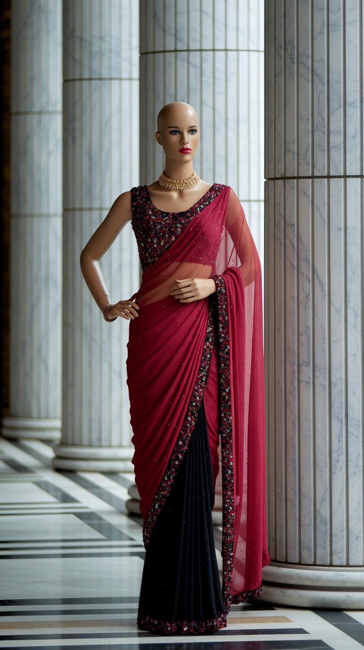 Red and Black Saree: Traditional Meets Modern outfit idea