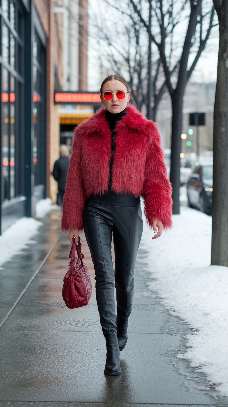 Chic Red Fur Jacket for Winter Fashion outfit idea