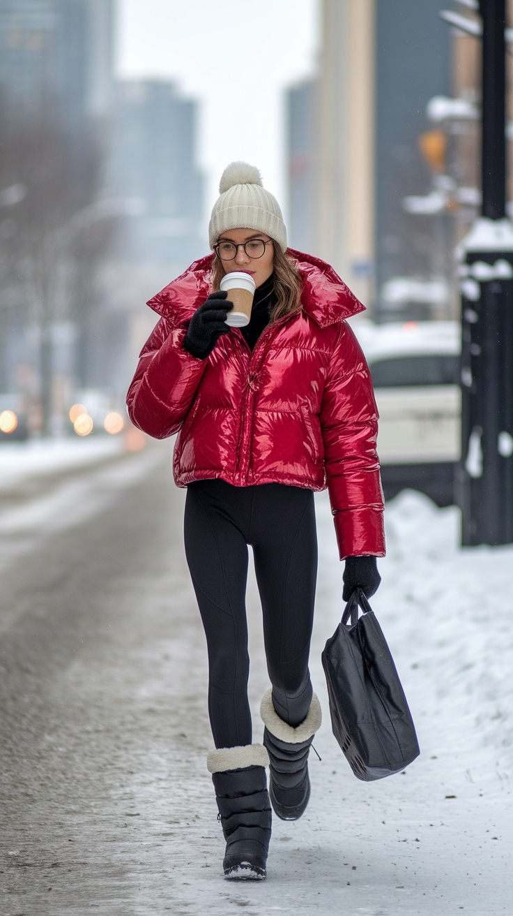 Cozy Red Puffer Jacket Outfit for Winter Parties outfit idea