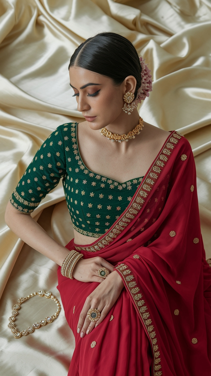 Stylish Red Saree and Green Blouse Combinations outfit idea