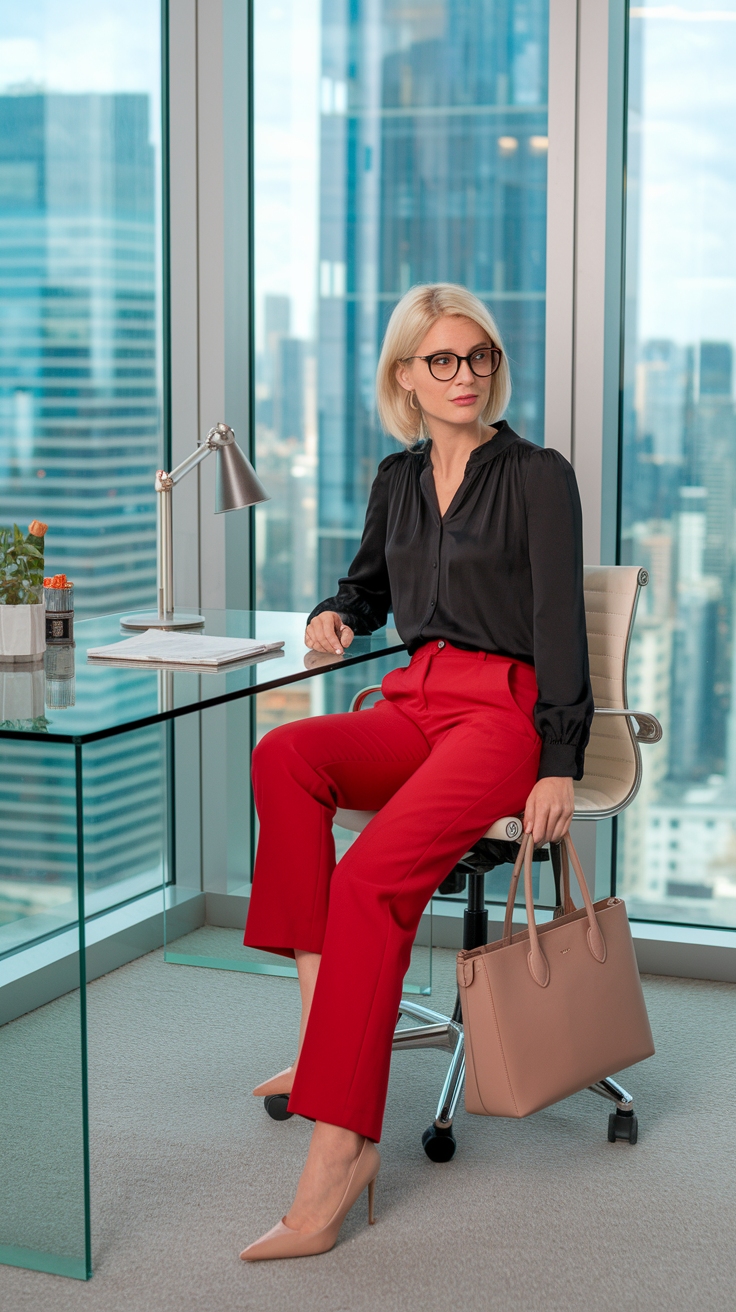 Chic & Comfy Red Slacks Outfit for Office Wear outfit idea