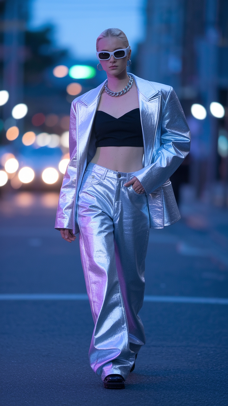 Trendy Silver Metallic Jeans Outfit for a Retro Feel outfit idea