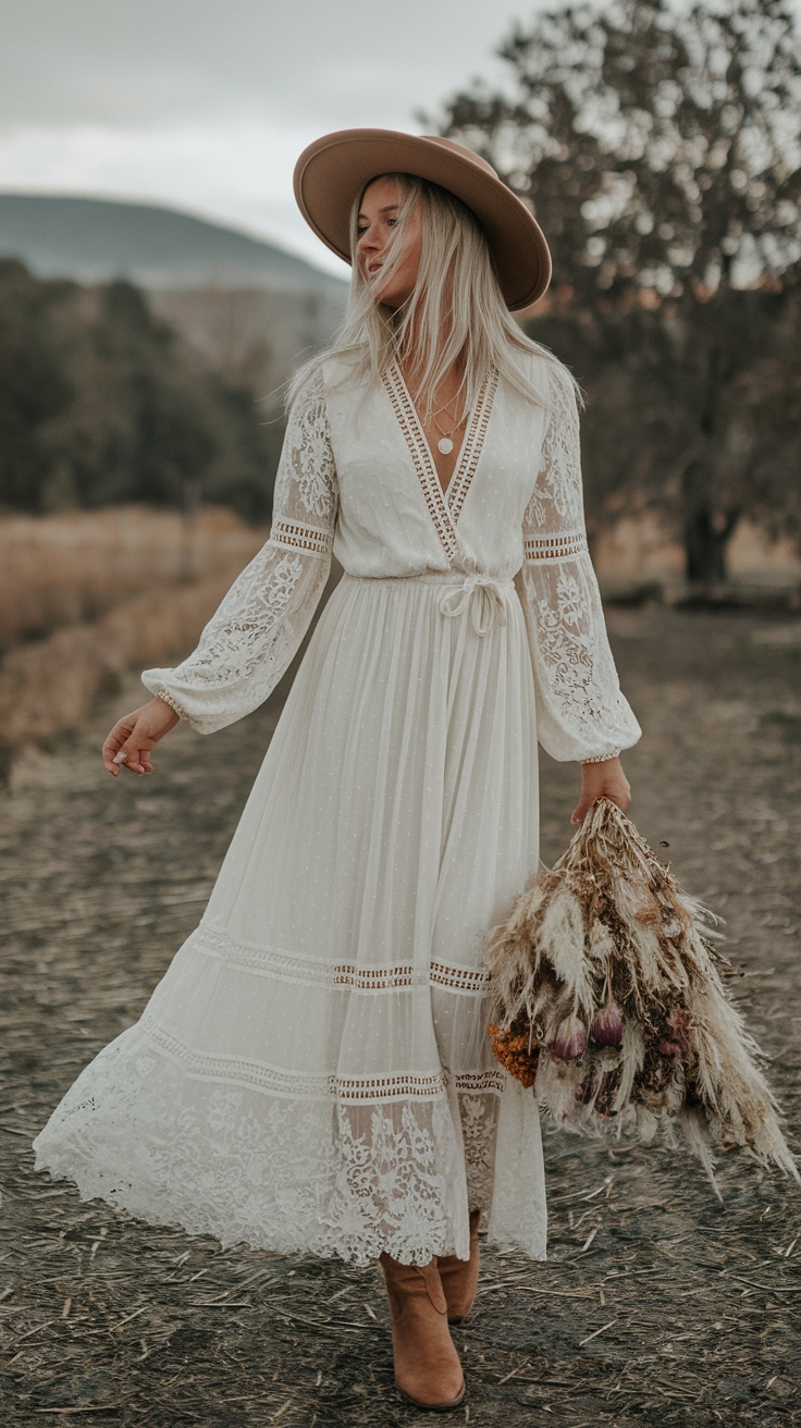 White Lace Maxi Dress Boho Long Sleeve OJVDL: A Trendy Choice outfit idea