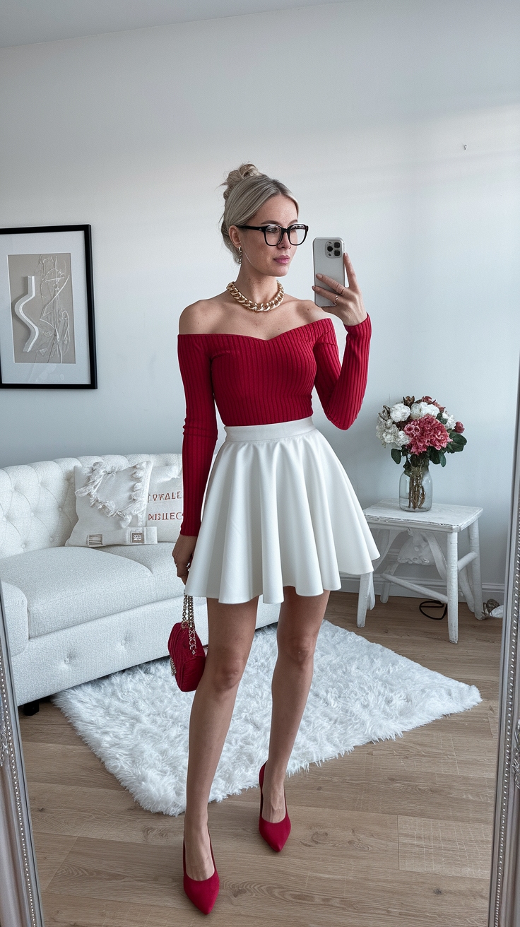 White Skirt with Red Top: A Fresh Spring Combination outfit idea