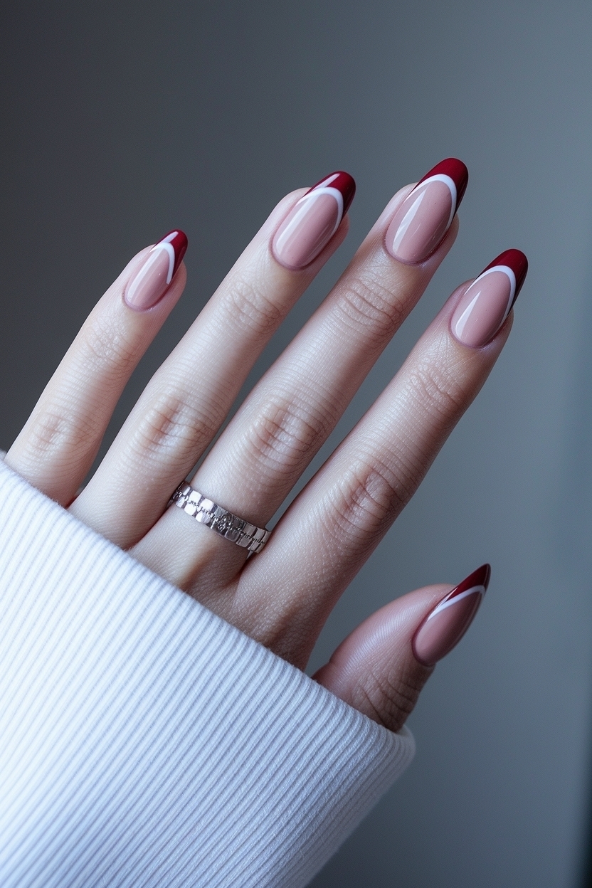 Glamour of Almond Red French Tip Nails to Embrace outfit idea