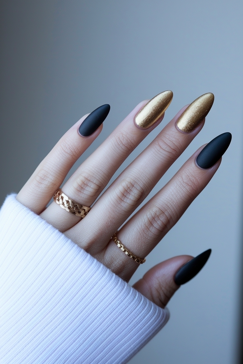 Black and Gold Almond Nails: Elegance Meets Style outfit idea