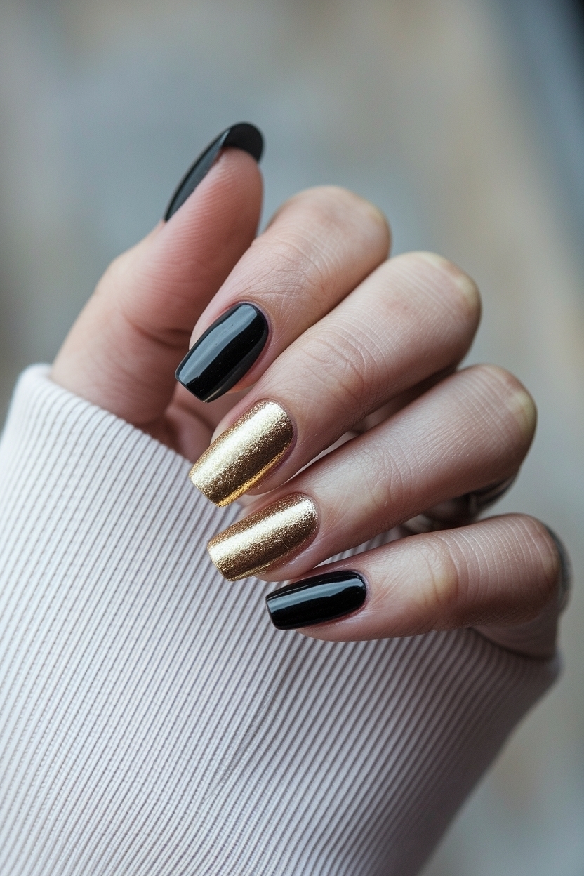 Trendy Black and Gold Nails Short for a Modern Twist outfit idea