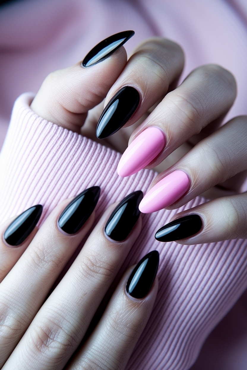 Black and Pink Nails Acrylic: Edgy and Stylish outfit idea