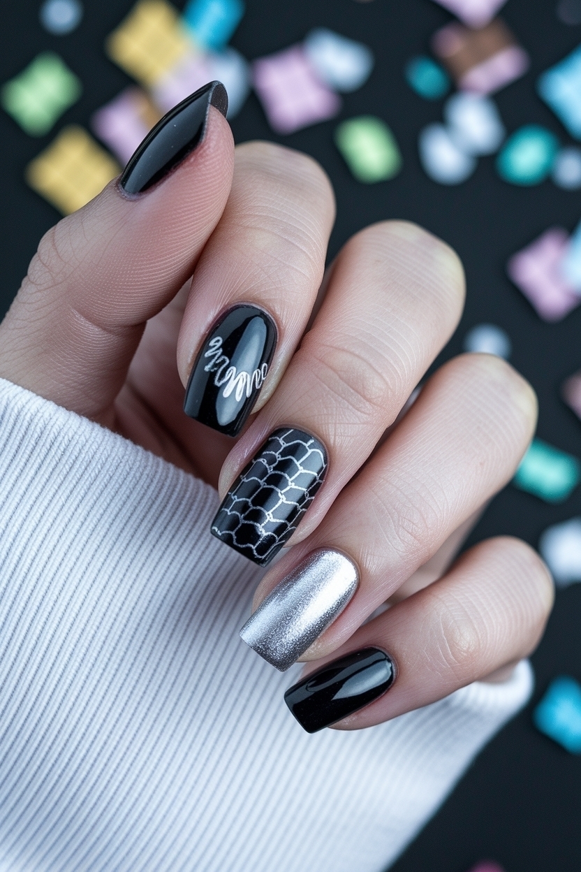 Glamorous Black and Silver Birthday Nails to Shine outfit idea