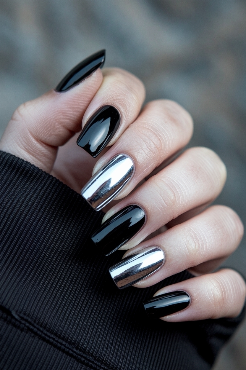 Glamorous Black and Silver Chrome Nails to Shine outfit idea