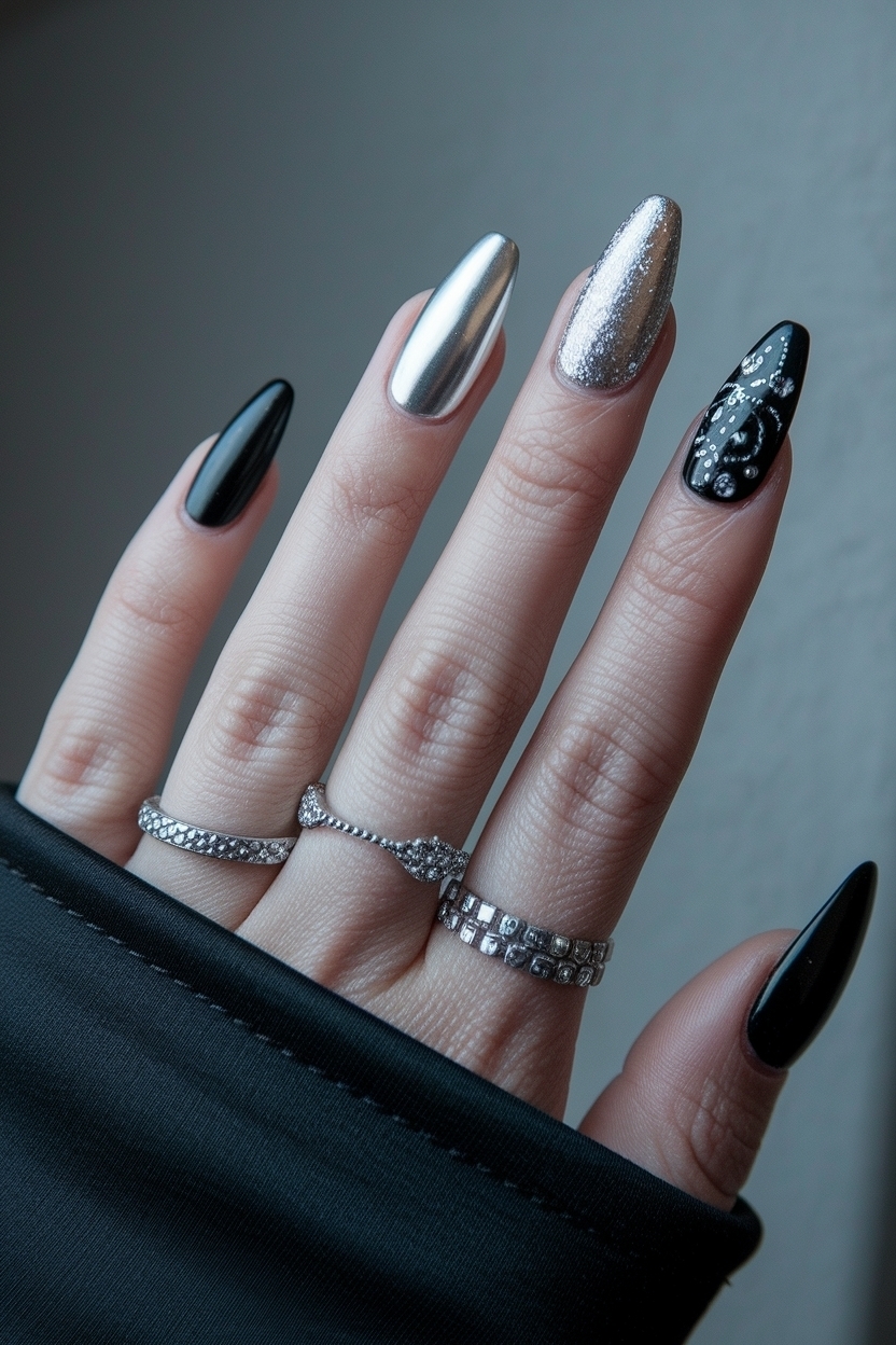 Stunning Black and Silver Nails for Prom Night outfit idea
