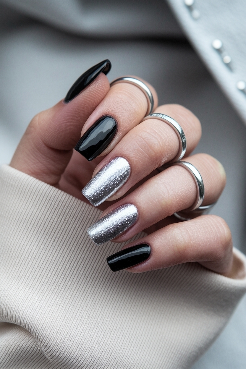 Glamorous Black and Silver Nails Ideas for Night Out outfit idea