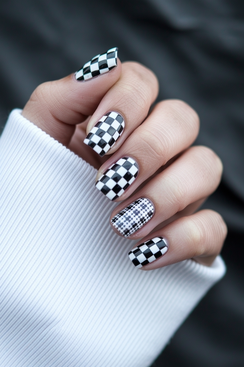 Fun Black and White Checkered Nails for a Retro Vibe outfit idea