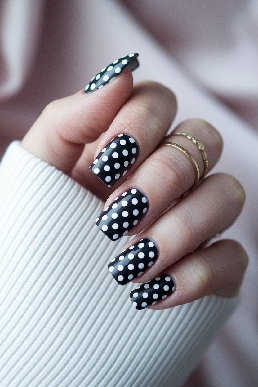 Playful Black and White Polka Dot Nails for Summer outfit idea