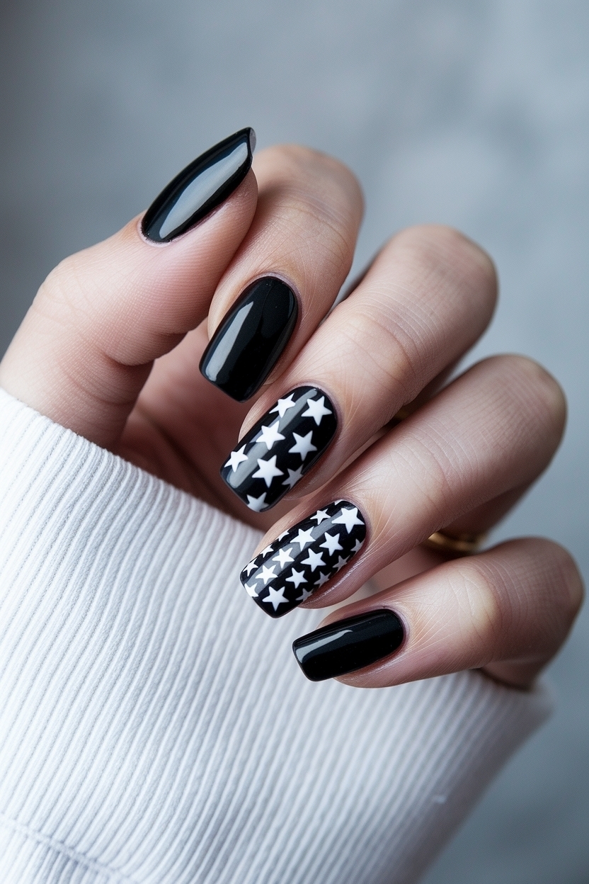 Chic Black and White Star Nails for a Fun Style outfit idea