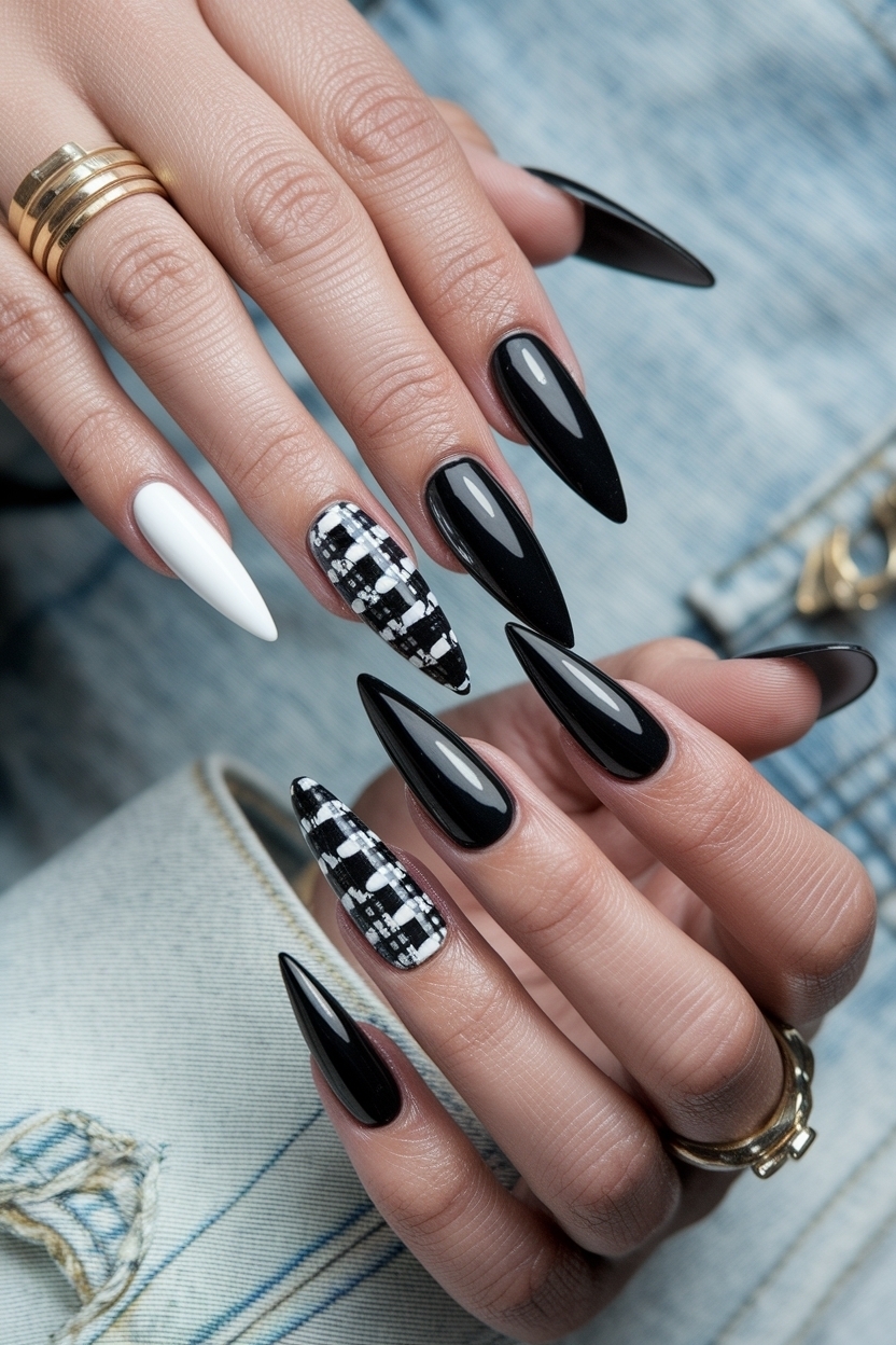Elegant Black and White Stiletto Nails for a Bold Statement outfit idea