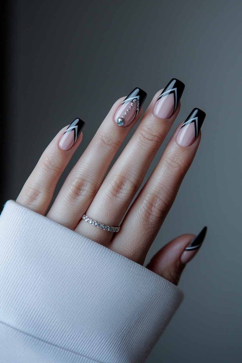 Black French Nails with Design: Timeless and Edgy outfit idea