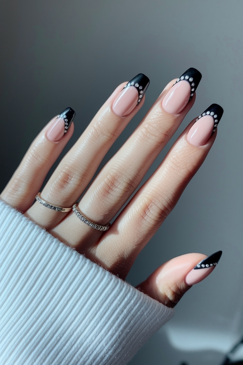 Black French Tip Nails with Rhinestones: Glamorous Touch outfit idea