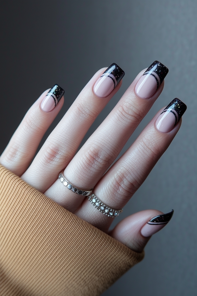 Sparkle with Black Glitter French Tip Nails Ideas outfit idea
