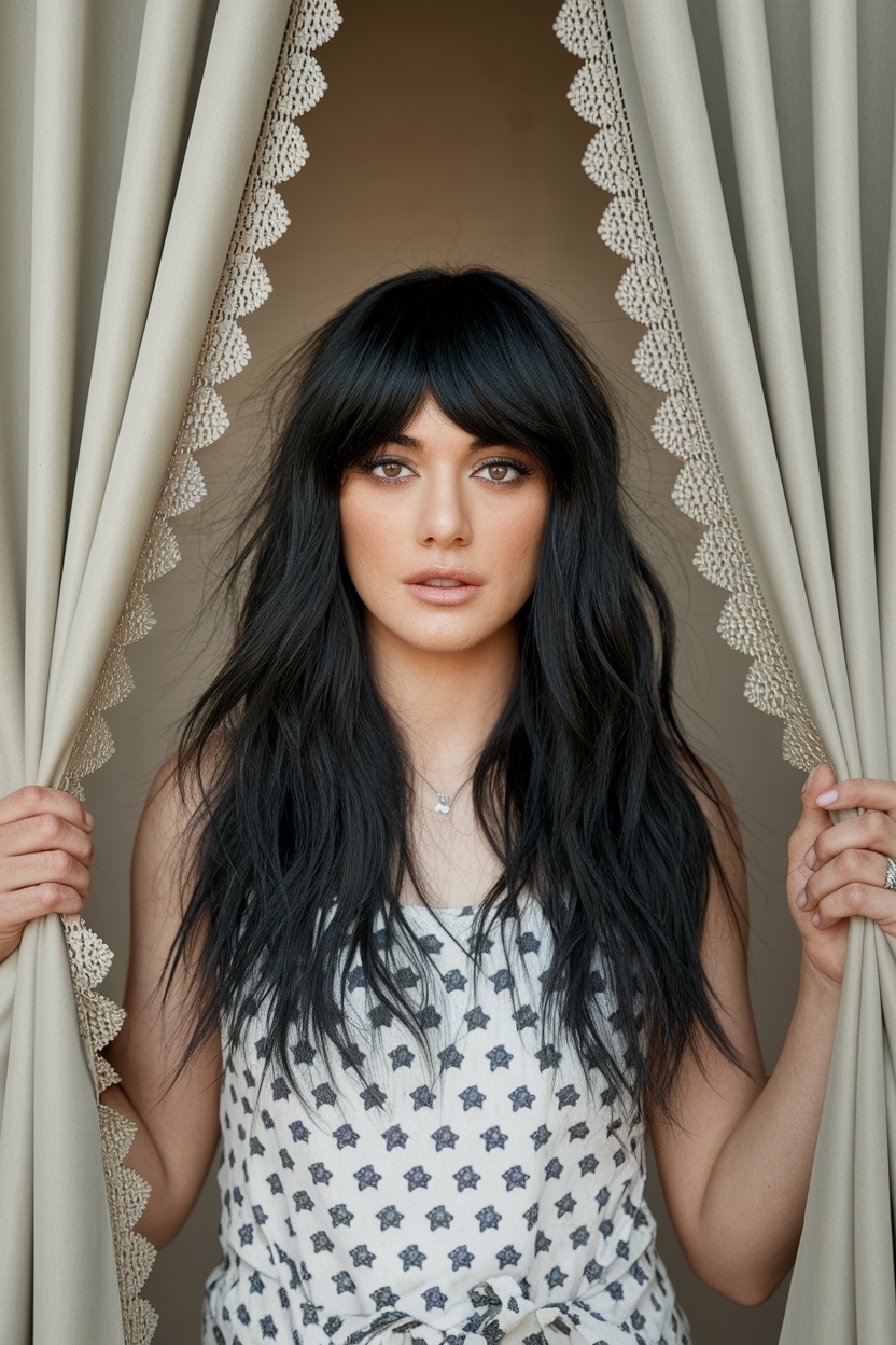 Black Hair with Layers and Curtain Bangs: A Stylish Choice outfit idea