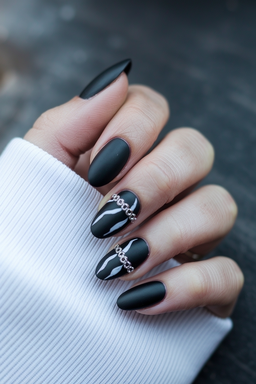 Sleek Black Matte Nails with Design for a Modern Touch outfit idea