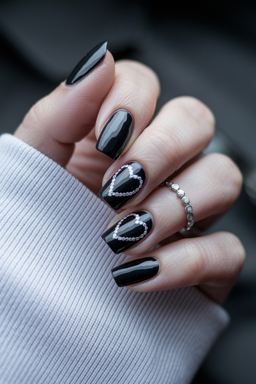 Romantic Black Nails with Heart Design for Date Night outfit idea