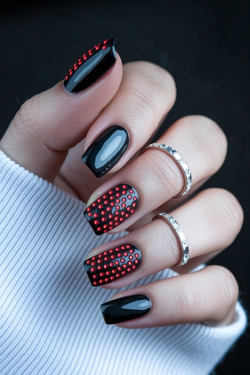 Dazzling Black Nails with Red Rhinestones for Glamour outfit idea