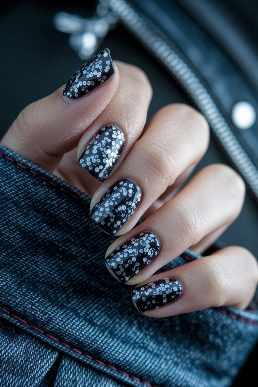Black Nails with Silver Glitter: Dazzling Night Out Styles outfit idea