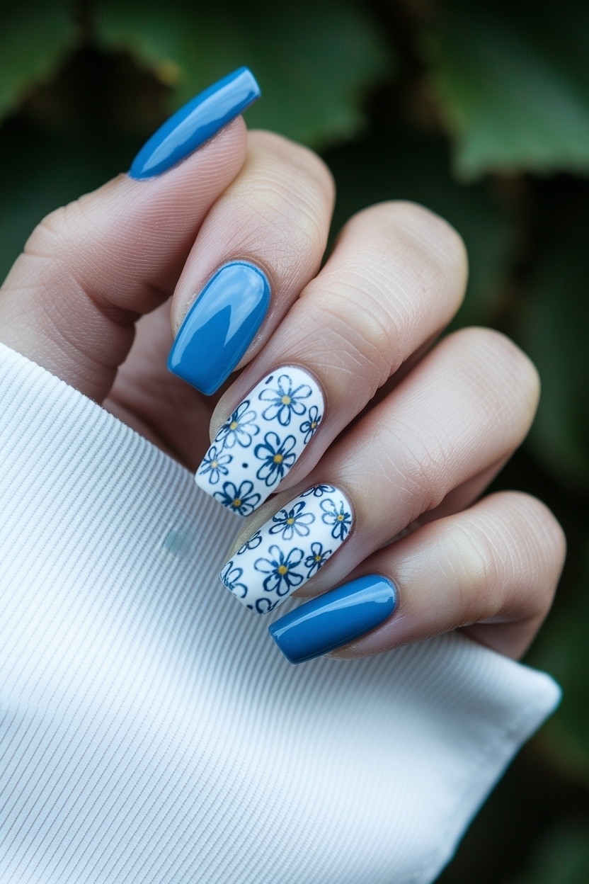 Stunning Blue and White Floral Nails for Spring outfit idea