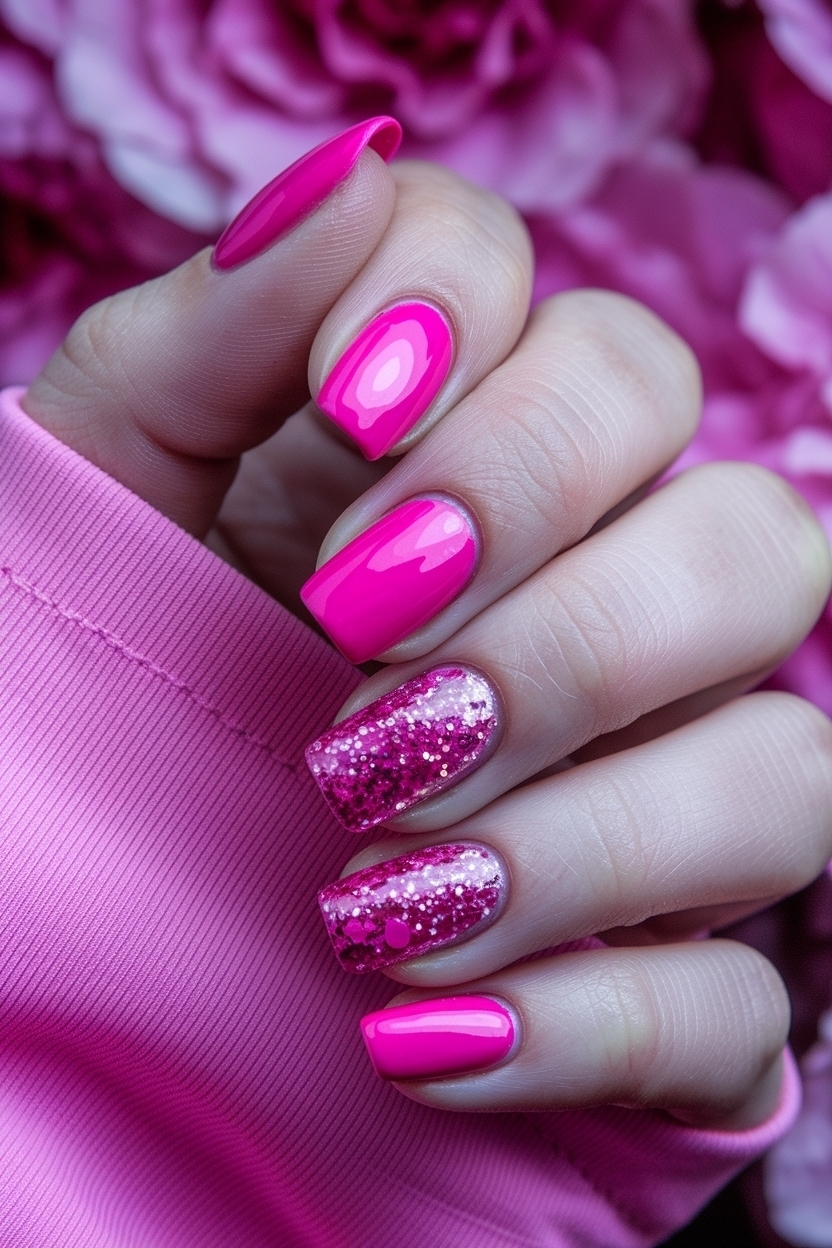 Bright Pink Nails with Glitter for a Bold Look outfit idea