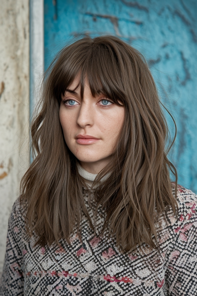 Brown Hair with Layers and Curtain Bangs for a Modern Look outfit idea