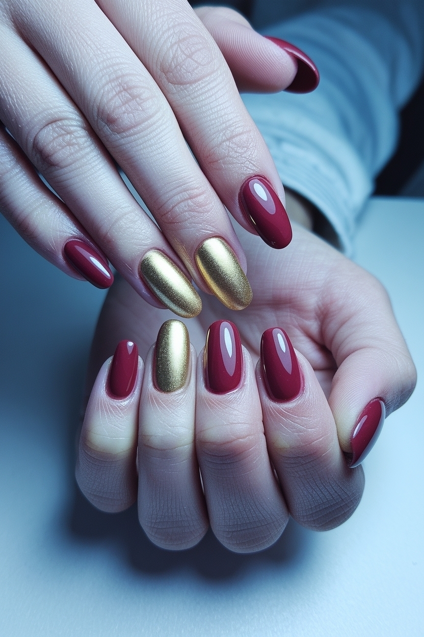 Chic Cherry Red and Gold Nails for a Glam Look outfit idea