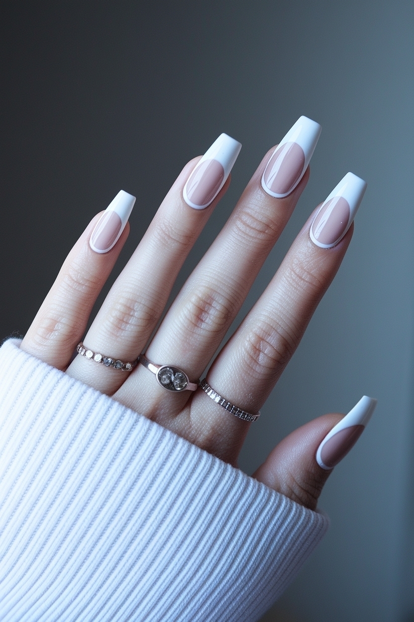 Coffin White French Tip Nails: Edgy and Stylish outfit idea