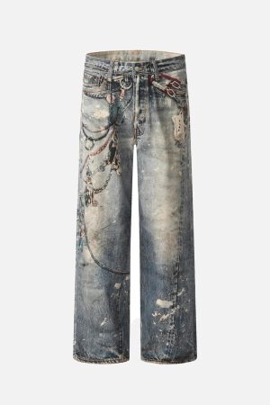 Concert Outfit 3D Digital Printed Chain Straight Jeans