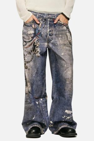 Concert Outfit 3D Digital Printed Chain Straight Jeans