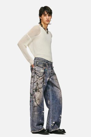 Concert Outfit 3D Digital Printed Chain Straight Jeans
