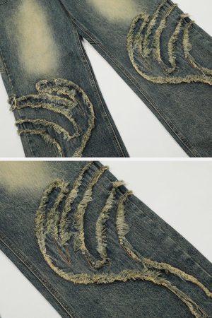 Concert Outfit Abstract Pattern Raw Edge Patchwork Jeans
