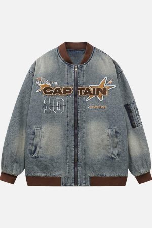 Concert Outfit Alphabet Patch Embroidered Quilted Denim Bomber Jacket
