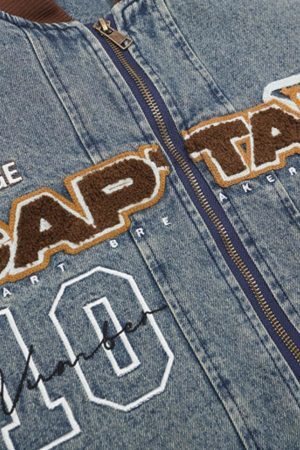 Concert Outfit Alphabet Patch Embroidered Quilted Denim Bomber Jacket