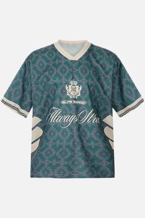 Concert Outfit Always Strive Green Patterned Jersey V-Neck T-Shirt