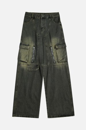 Concert Outfit American Distressed Retro Multi-Pocket Workwear Washed Jeans