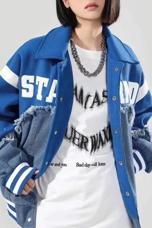 Concert Outfit American High Street Denim Fabric Splicing Baseball Jacket