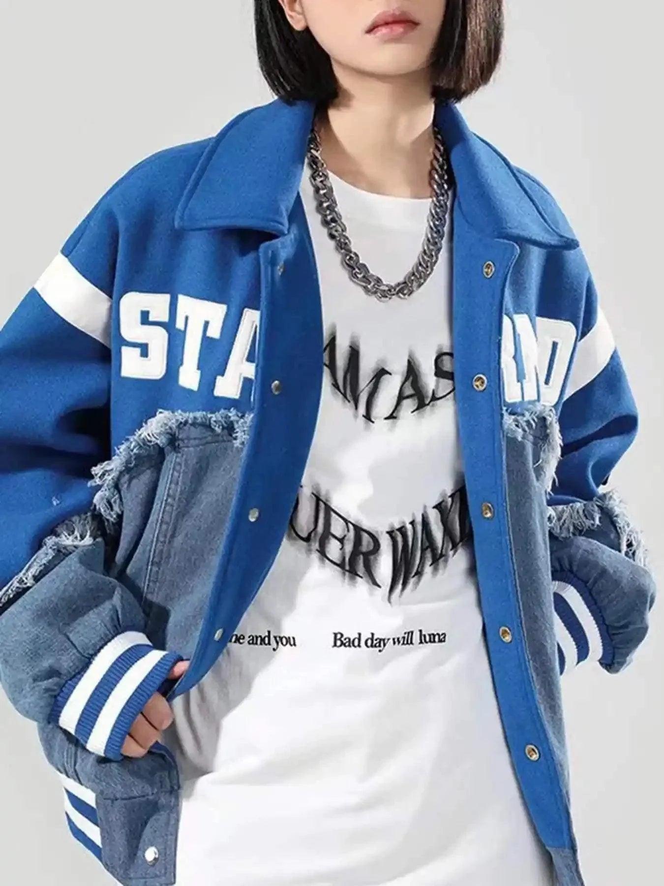 Concert Outfit American High Street Denim Fabric Splicing Baseball Jacket Concert Outfit American High Street Denim Fabric Splicing Baseball Jacket