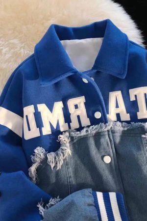 Concert Outfit American High Street Denim Fabric Splicing Baseball Jacket