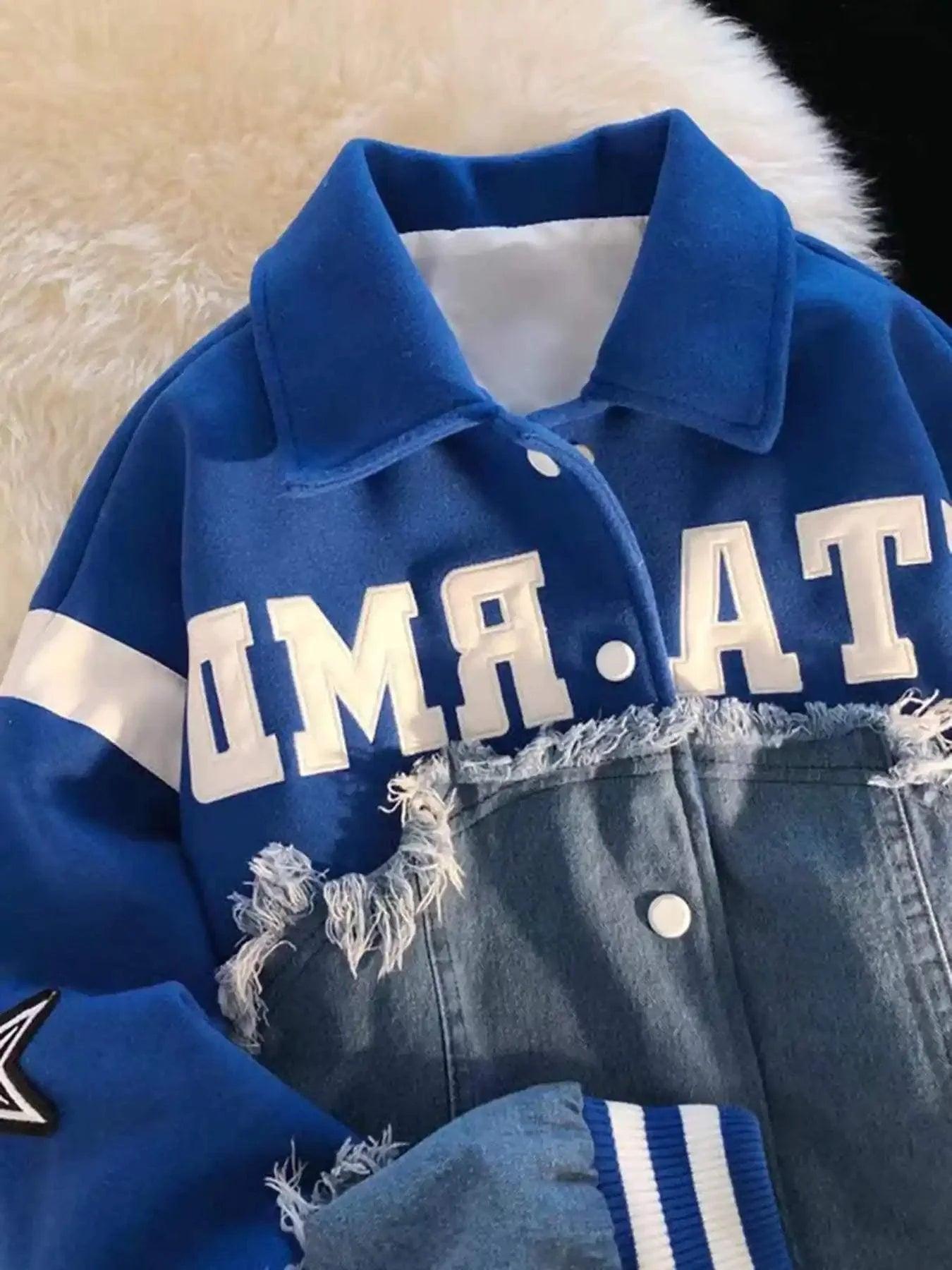 Concert Outfit American High Street Denim Fabric Splicing Baseball Jacket Concert Outfit American High Street Denim Fabric Splicing Baseball Jacket