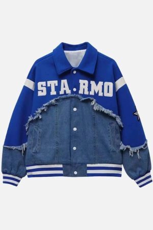 Concert Outfit American High Street Denim Fabric Splicing Baseball Jacket