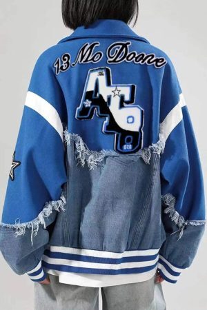 Concert Outfit American High Street Denim Fabric Splicing Baseball Jacket