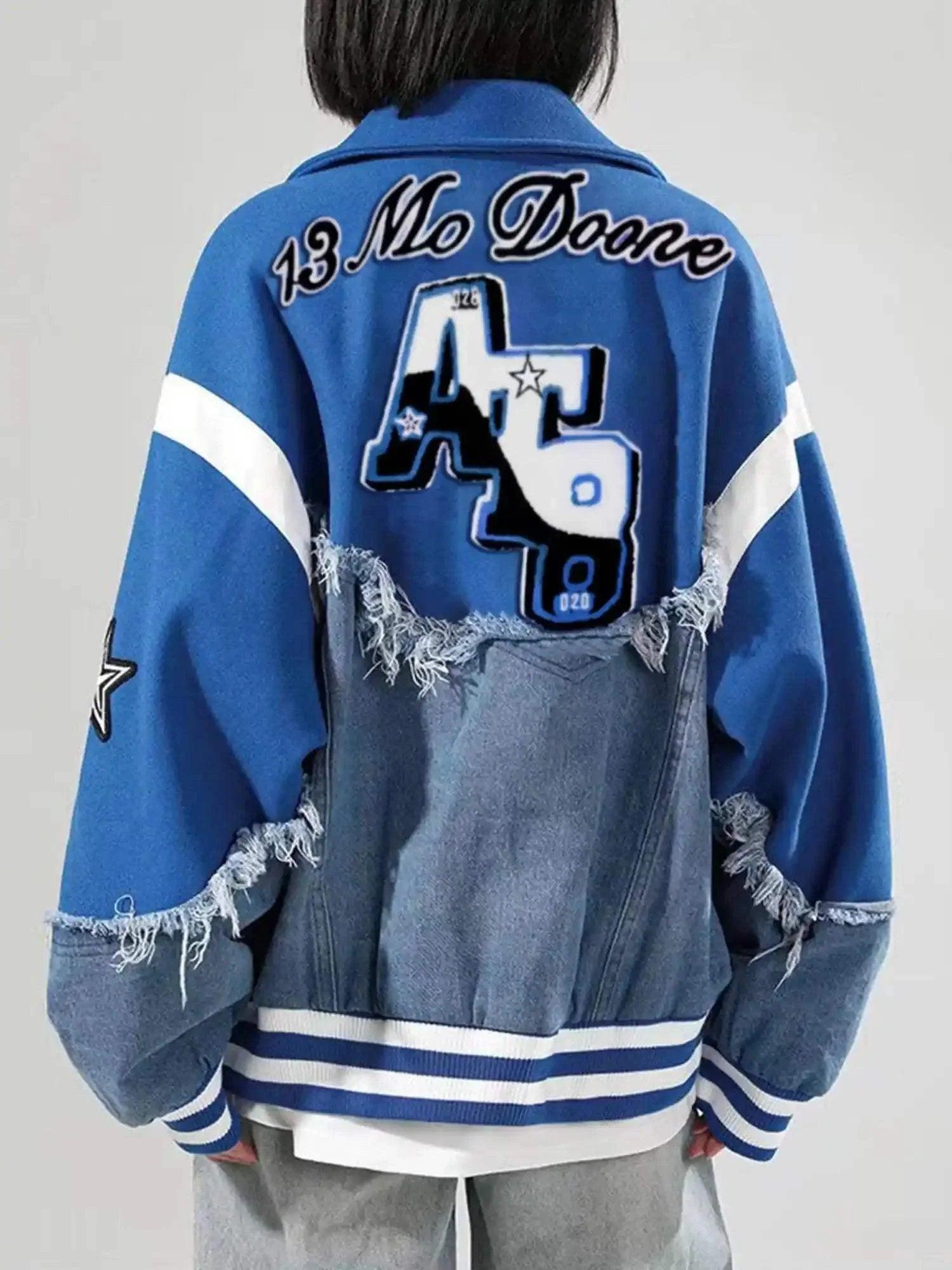 Concert Outfit American High Street Denim Fabric Splicing Baseball Jacket Concert Outfit American High Street Denim Fabric Splicing Baseball Jacket